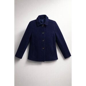 Lands End Navy Blue Wool Blend Button Front Car Coat  Womens14 Cozy Quiet Luxury